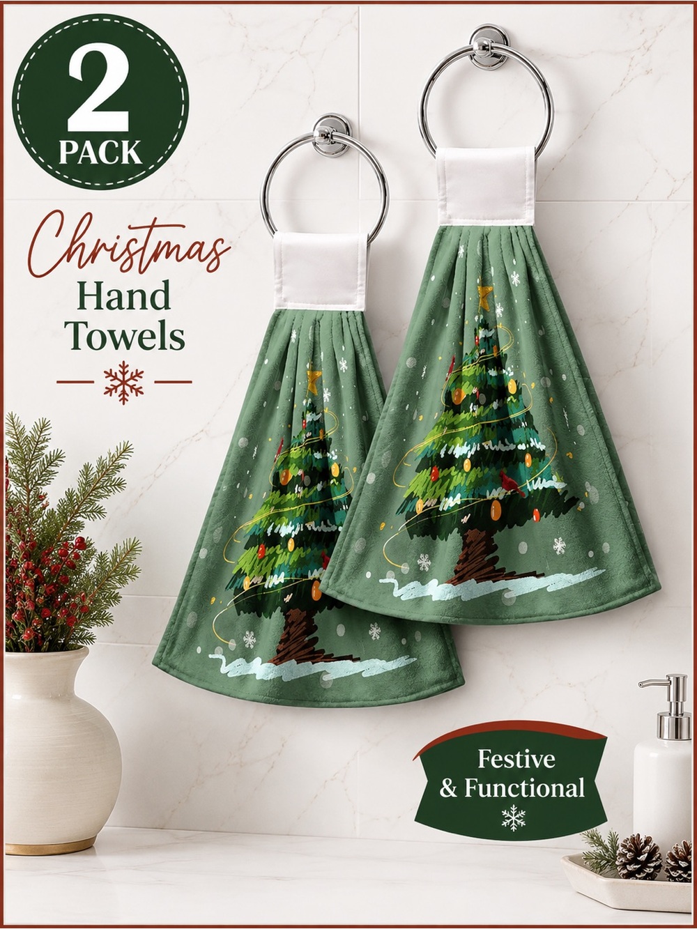 Green Christmas Tree Stay Hanging Hand Towels - 2 Pack - NWOT